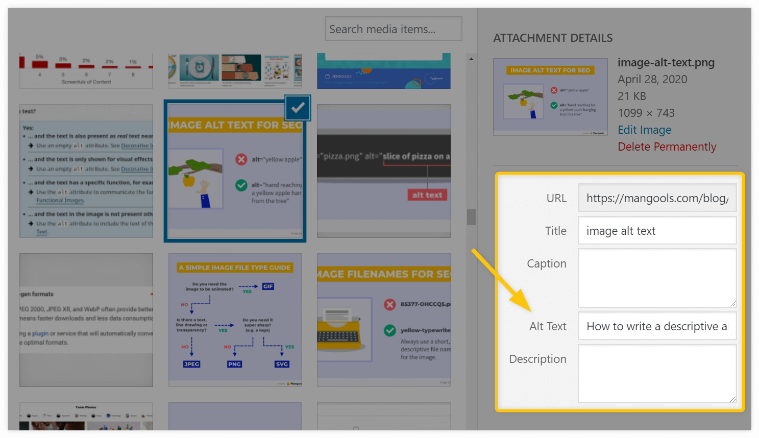 Adding alt text in WordPress example